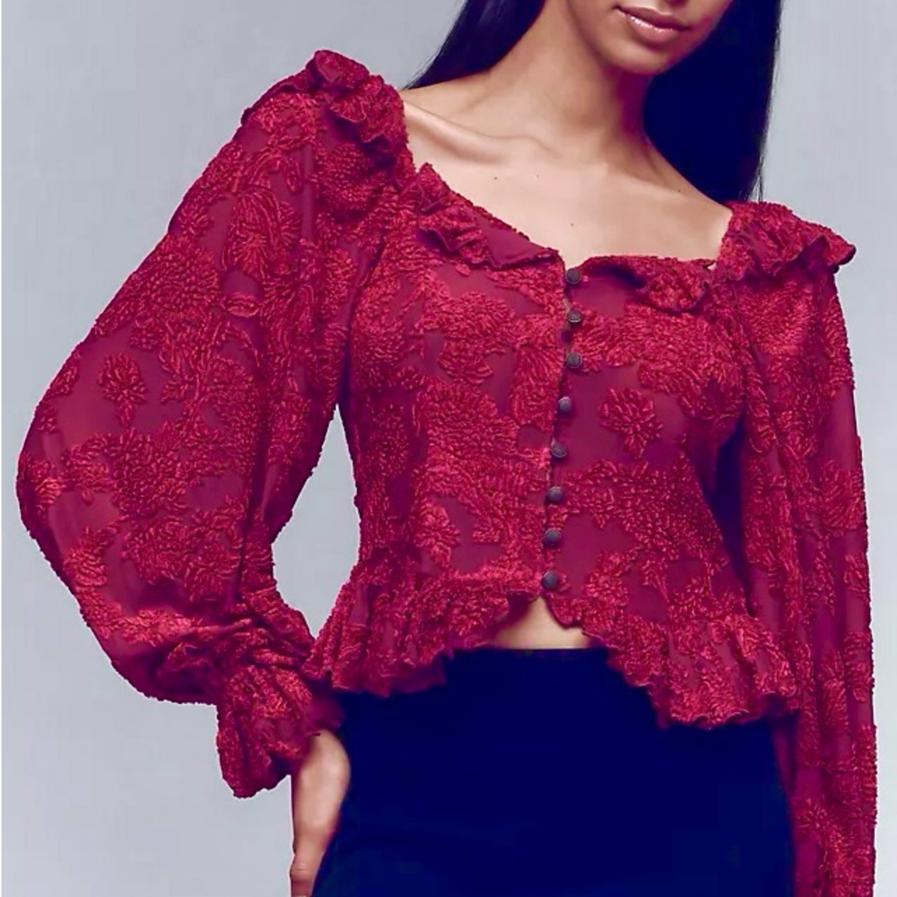 Anthropologie Velvet Berry Peasant Top